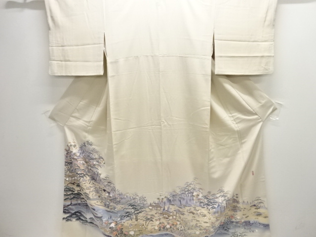 作家物　手描き友禅　家屋風景模様三つ紋色留袖(比翼付き)